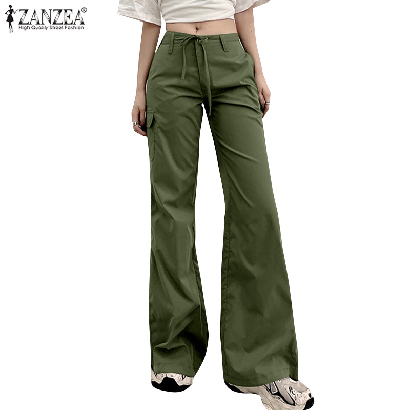 ZANZEA Women Korean Fashion Lace-up Side Pocket Flared Work Trousers ...