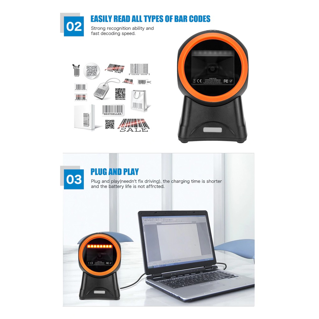 Automatic 1D 2D QR Desktop Omnidirectional Wired Auto Barcode Scanner ...