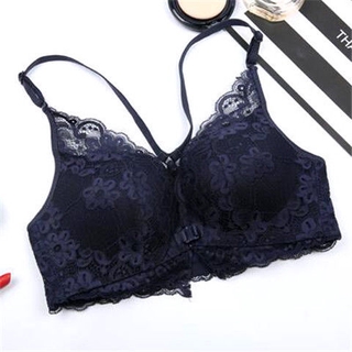 Gathered sexy lace beautiful back underwear without steel ring front buckle  Breathable bra 3/4 cup