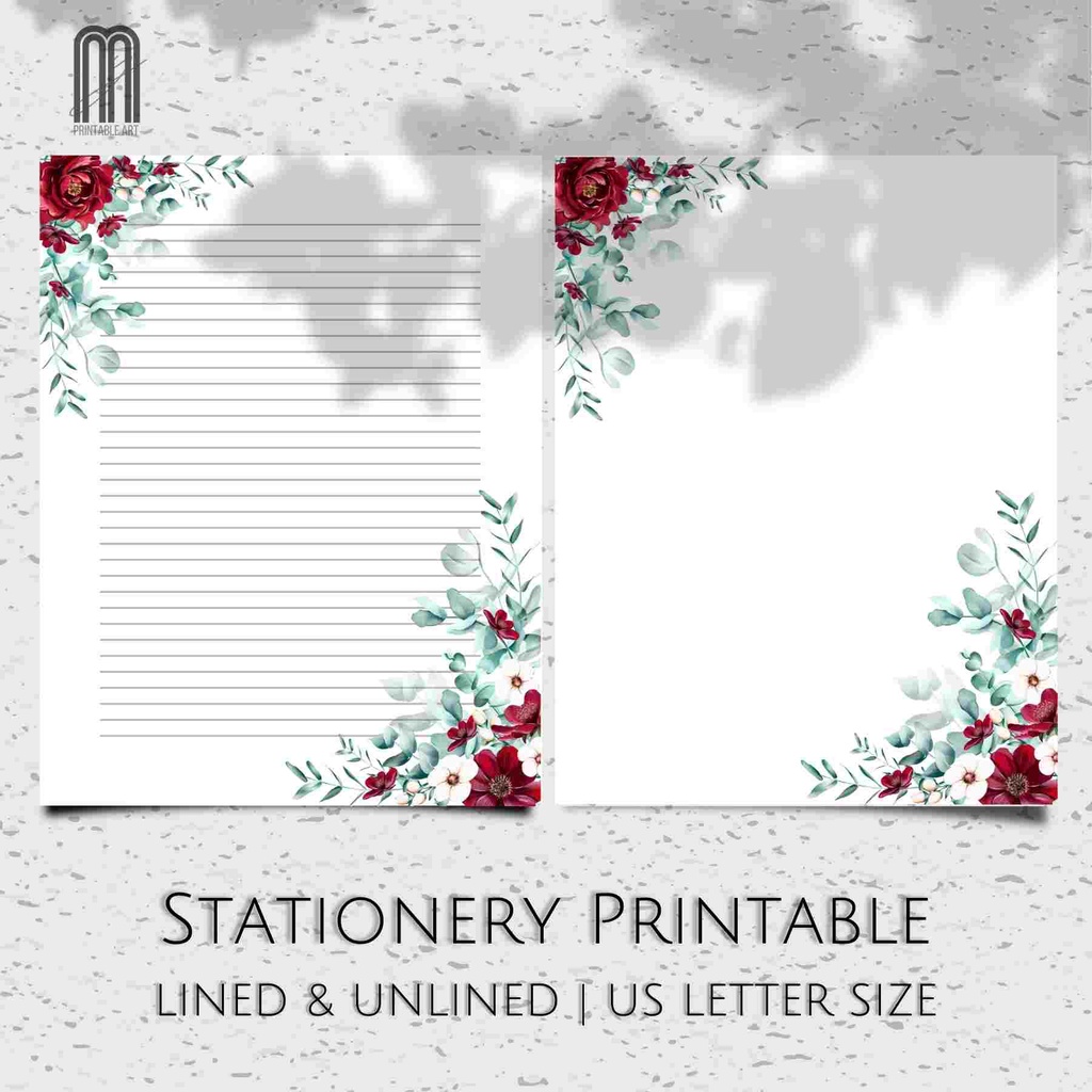 Self Redeem Instant Download Red Floral Botanical Letter Stationery