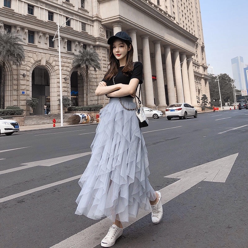 Women Fashion Ruffle Layers Irregular Tiered Skirts Korean Pink High Waist Pleated Maxi Skirt Dress Shopee Malaysia