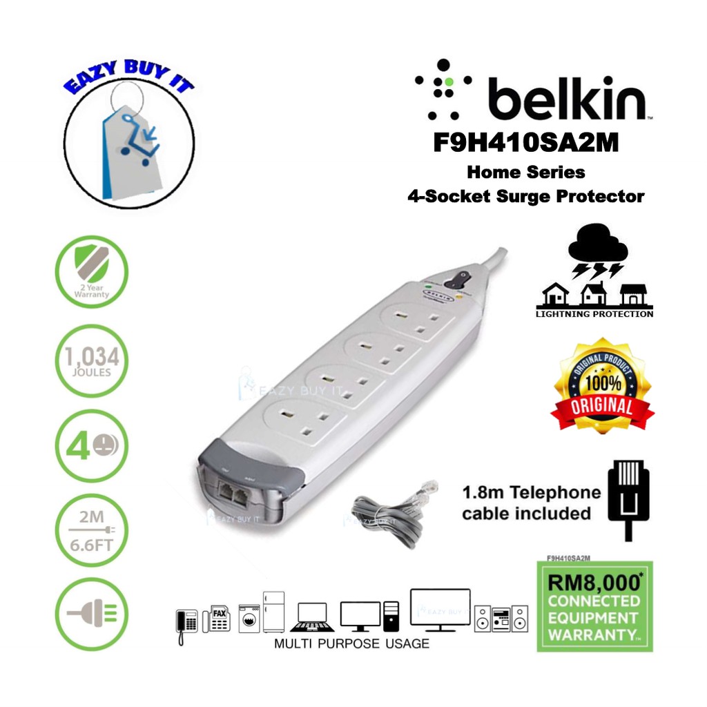 BELKIN 4GANG SOCKET SURGE PROTECTOR WITH TEL/MODEM/DSL PROTECTION (2M