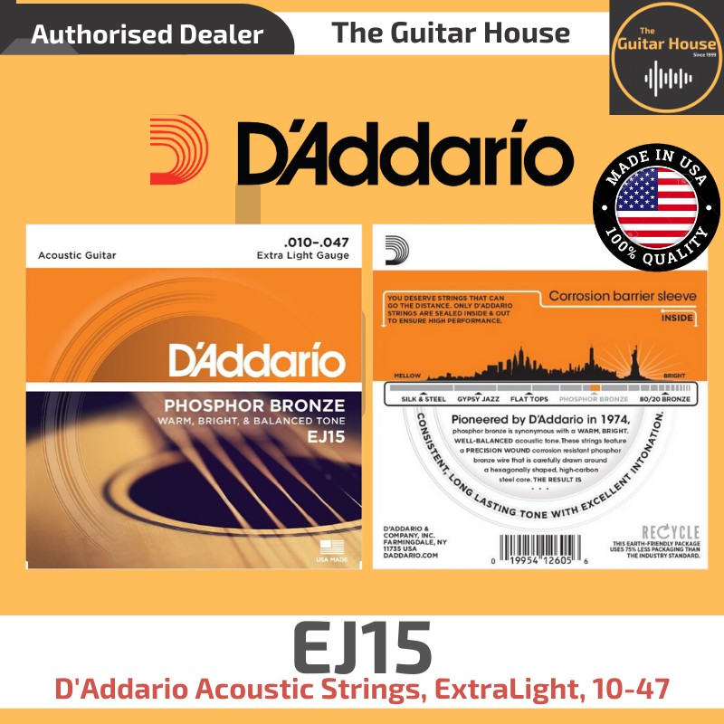 D'Addario Phosphor Bronze Acoustic Guitar Strings EJ15 Ex Light 10-47