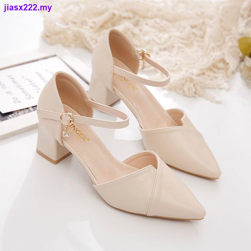 Real soft leather mid-heel comfortable pointed summer bridesmaid thick ...
