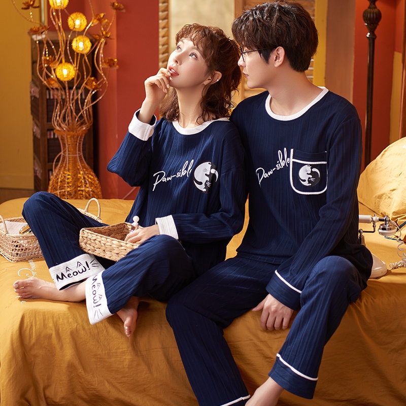 couple pajamas set baju tidur women pyjamas big size men pijamas long  sleeve with long pants loose pure cotton sleepwear cartoon nightwear