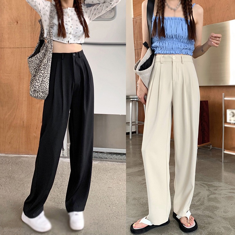 Womens Loose Fit High Waist Straight Long Pants Suit Formal Wide