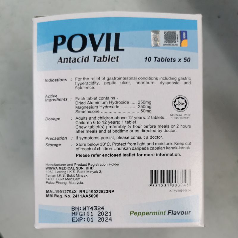 Povil Antacid Tablet box (10'sx50strip) 保胃胃痛药片 Ready Stock POVIL 10 ...