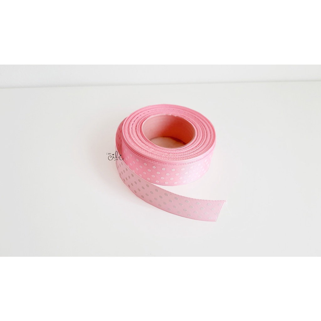 MERAH Pink/pink polka dot striped/gross grain ribbon 1 inch (2.5 cm ...