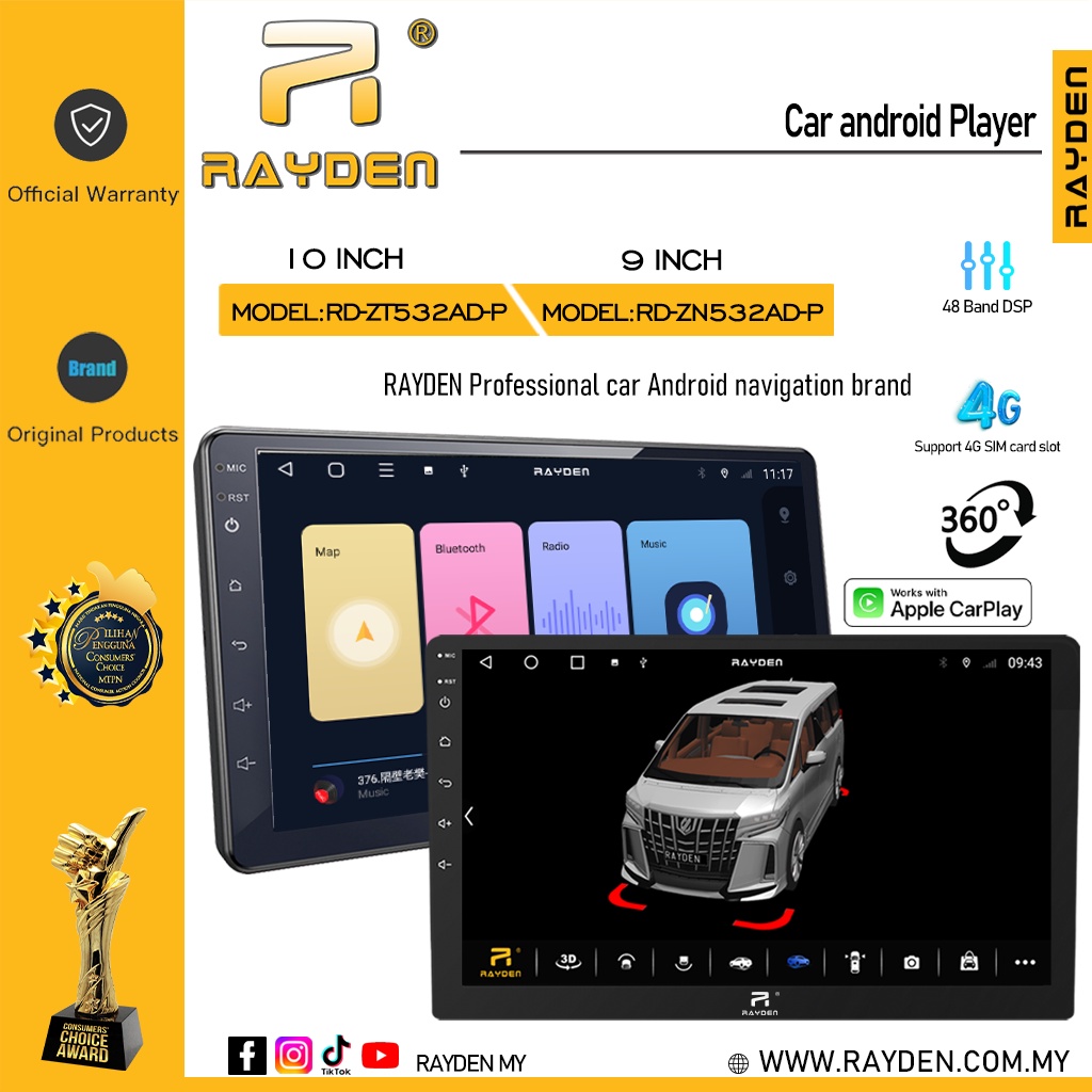 RAYDEN Z SERIES 2+32 DSP+CAR PLAY+ANDROID AUTO+360AHD+4G GRADE A QLED