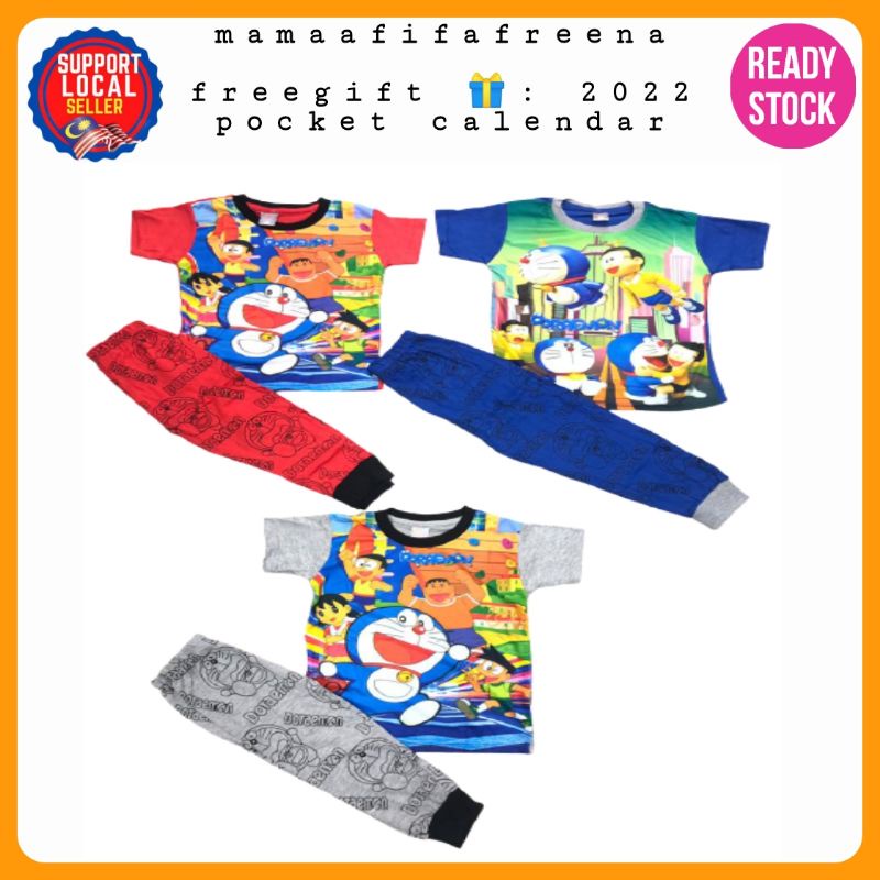 Pyjamas Set Doraemon Cotton Mix Jersey Saiz 1-6 Tahun Baju Nobita ...