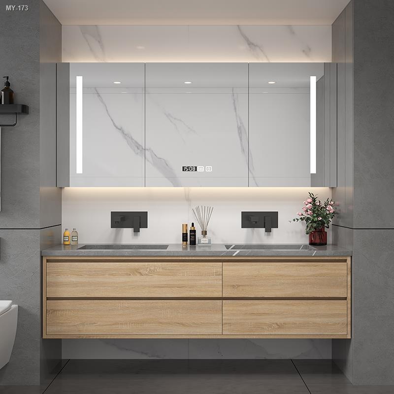♧Modern minimalist slate double basin bathroom cabinet combination bathroom smart solid wood ...