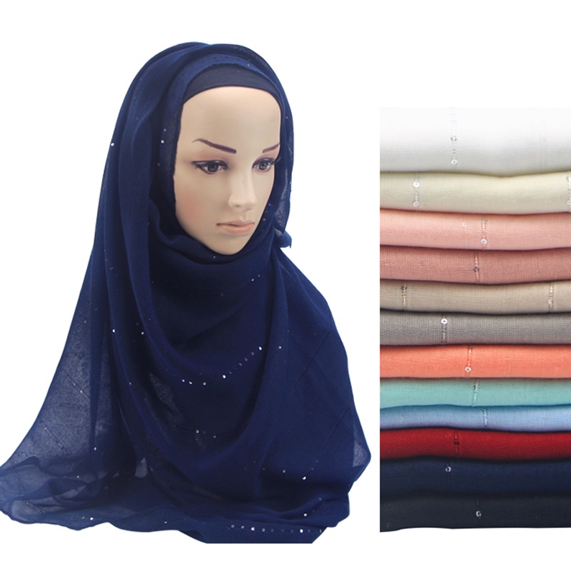 Jifang Plain Color Shiny Sequins Cotton Hijabs Shawls Tudung Basic Shawl Islamic Muslim Hijab