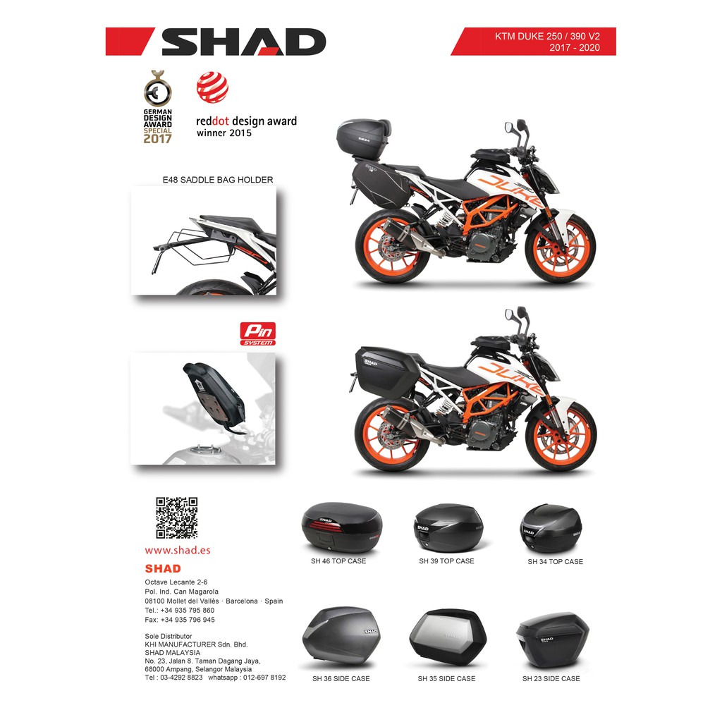 SHAD TOP CASE / ACCESSORIES FOR KTM DUKE 200 2021 / 250(V2)/ 390 (V2)  17-22