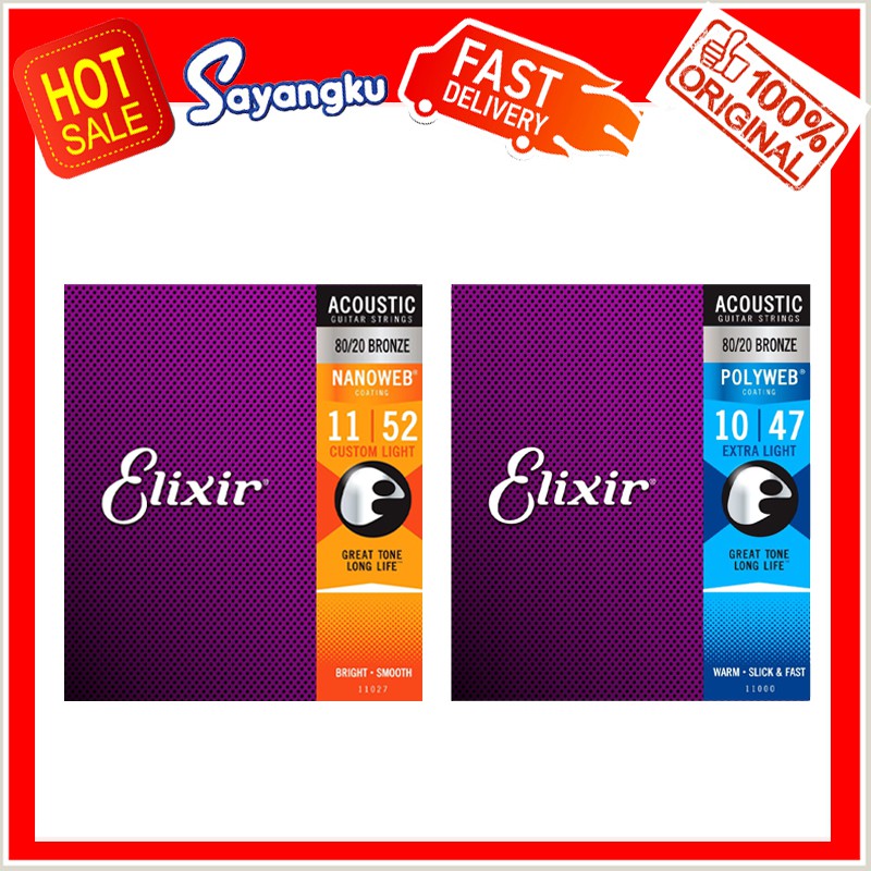 Elixir Acoustic Guitar Strings Full Set 80/20 Bronze Nanoweb 1152 ...