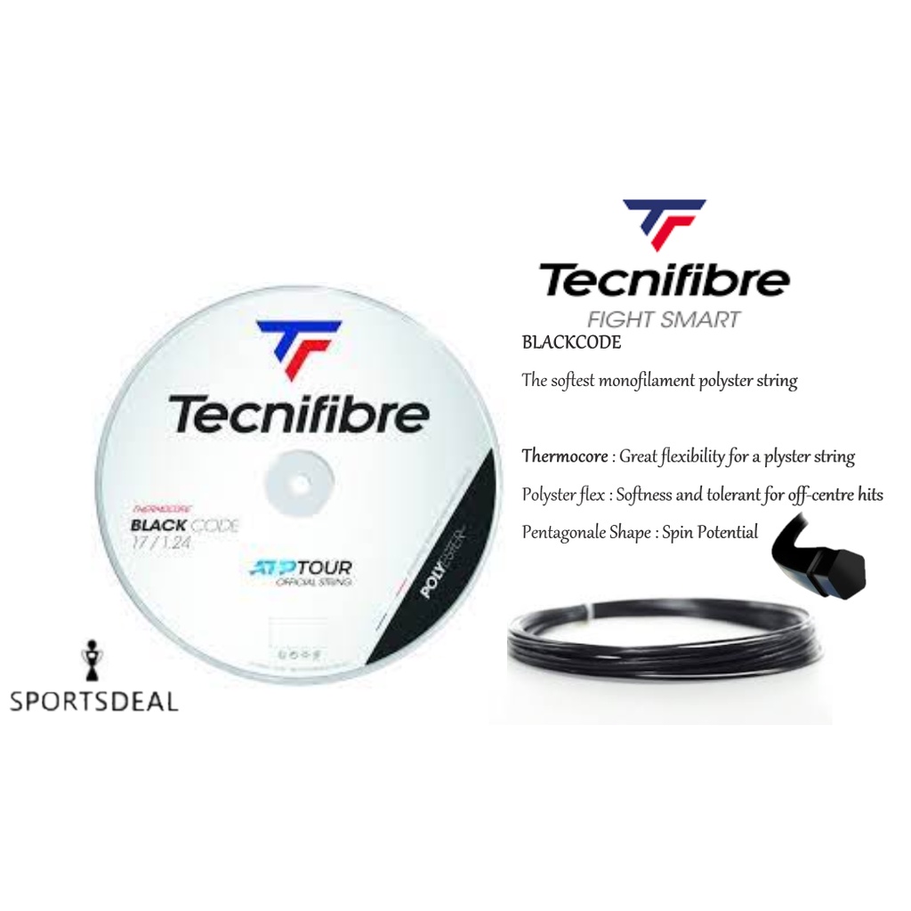 Tecnifibre Blackcode Polyester Tennis String – 1.24mm Gauge, 200m Reel, Pentagonal Shape For Spin & Soft Feel