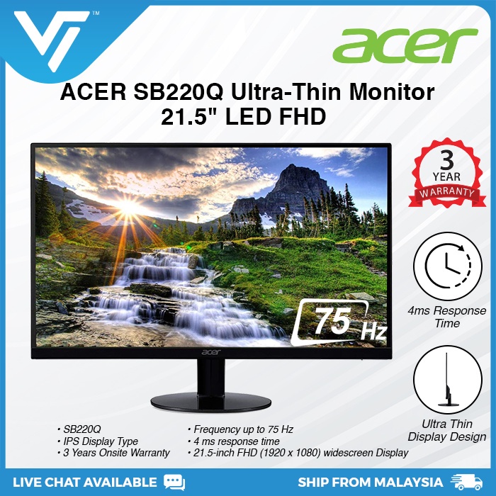 ACER SB220Q 21.5" LED FHD Monitor (4ms, 75Hz, Ultra Thin, IPS