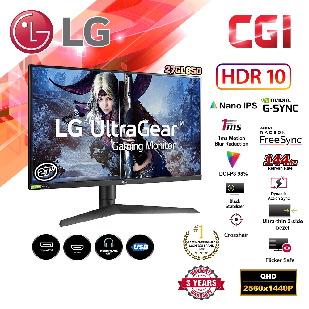 LG 27 27GL850 UltraGear 144Hz 1ms HDR10 Nano IPS G-Sync/FreeSync Gaming  Monitor