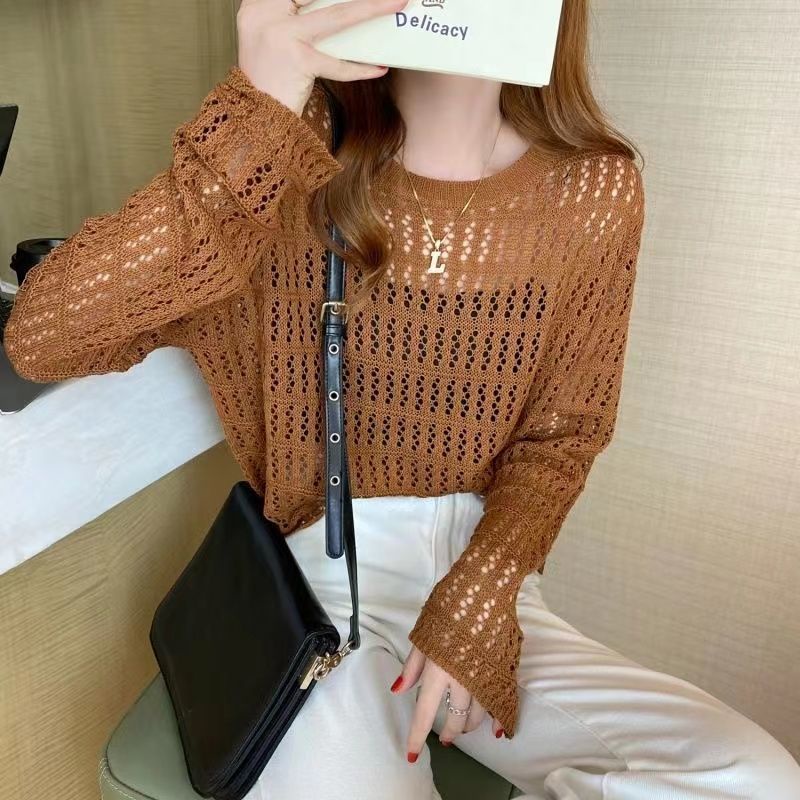 Hollow Knitted Sweater Women's Thin New Long-sleeved Loose Coat Top ...