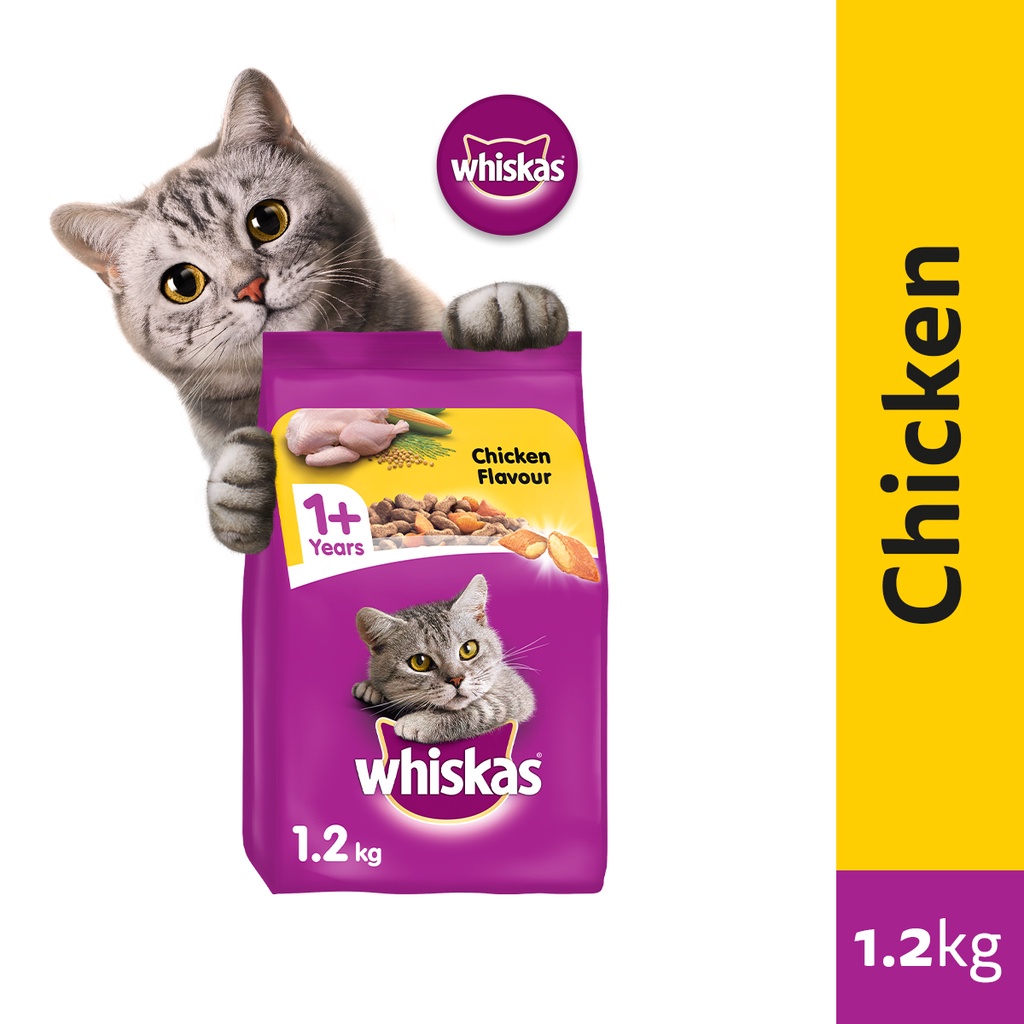 WHISKAS Cat Food Chicken Flavor, 1.2kg. Cat Dry Food for Adult Cats