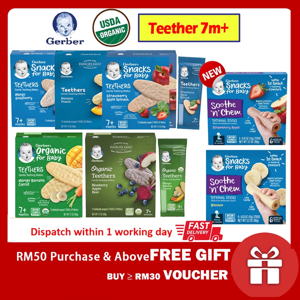 Organic Gerber Teethers Gentle Baby Teething Snacks Biscuits 24 Wafers