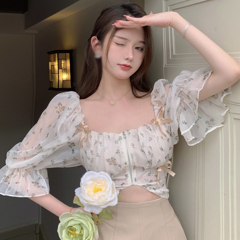 Women's Korean Chiffon Floral Sweet Shirt U Neck Puff Sleeve Blouse Girls  Crop top women shirts
