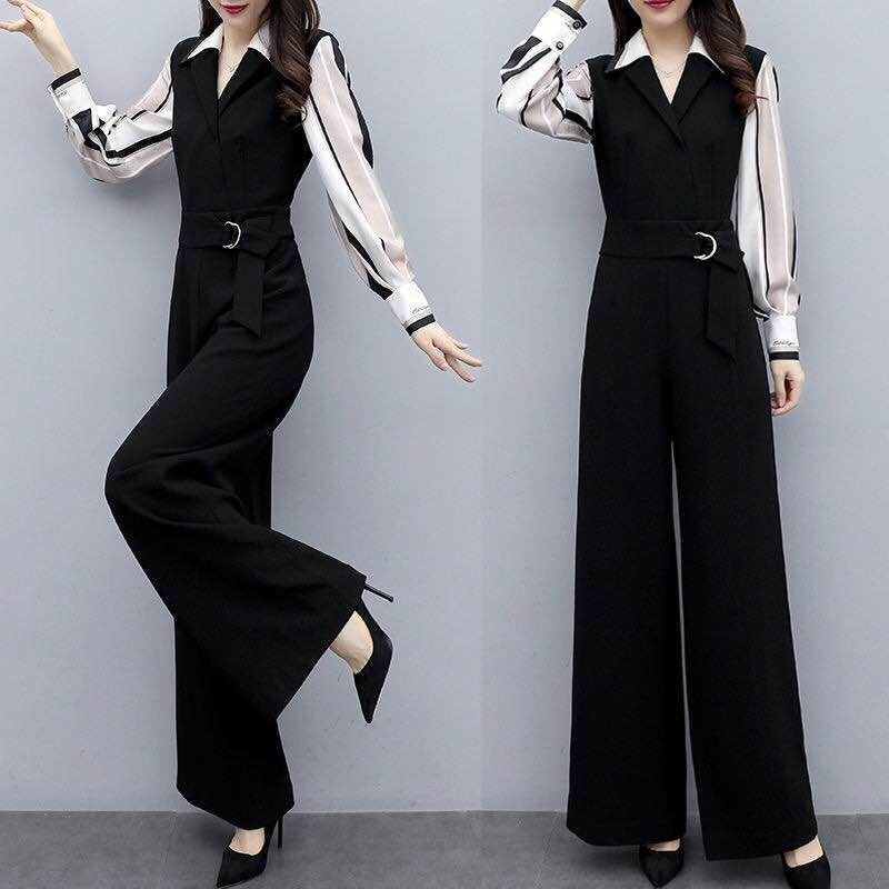 Women s Jumpsuit 2PCs Office Lady Korean Fashion Casual Black Jumpsuit High Waist Wide Leg Pants Shopee Malaysia