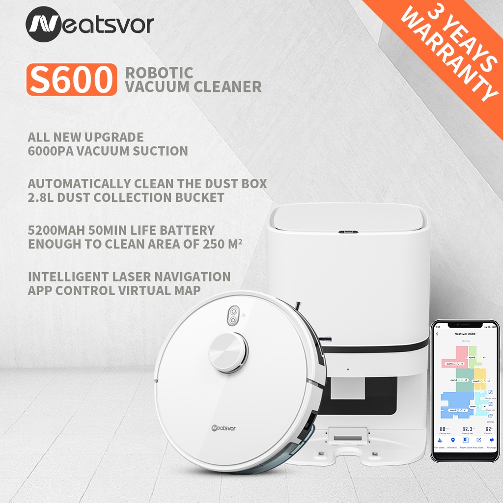 Neatsvor S600 Robotic Vacuum Cleaner Self Empty 6000Pa Suction Laser