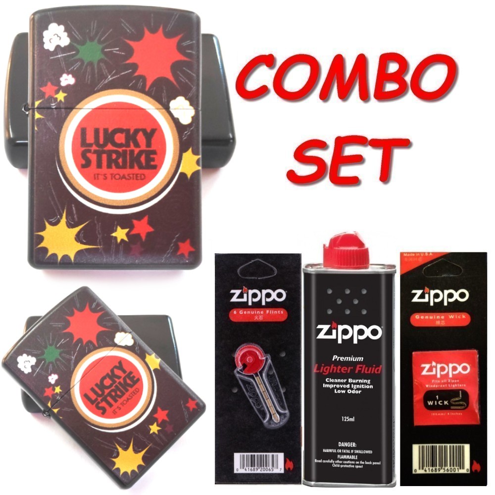 Original ZIPPO Set (Lighter Fluid 125ml + Flints 6pcs + Wick 1pc) + Lucky Strike Black Fireworks