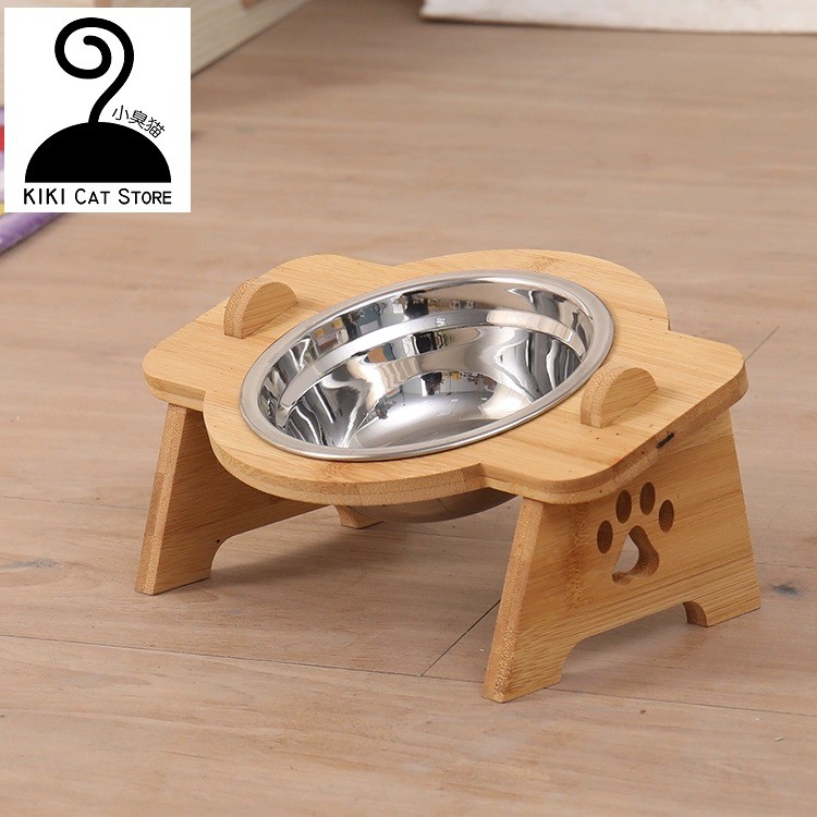 Pawy Elevated Cat Feeding Bowl Set (Single Stainless Steel Bowl, Bamboo