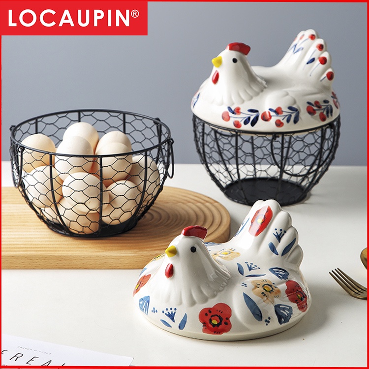 Locaupin Chicken Egg Baskets for Fresh Eggs, Wire Egg Collection Basket,  Ceramic Fresh Egg Holders Countertop