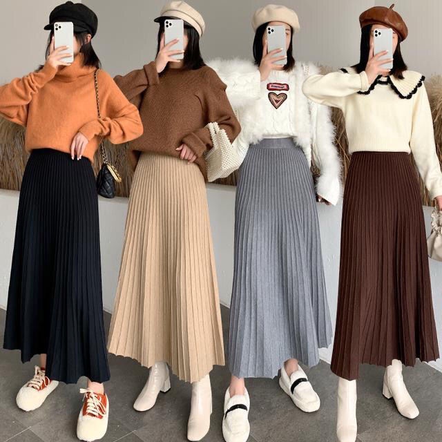 knitted pleated skirt labuh muslimah women long skirt korean style a line skirt high waist skirt knit skirt Shopee Malaysia