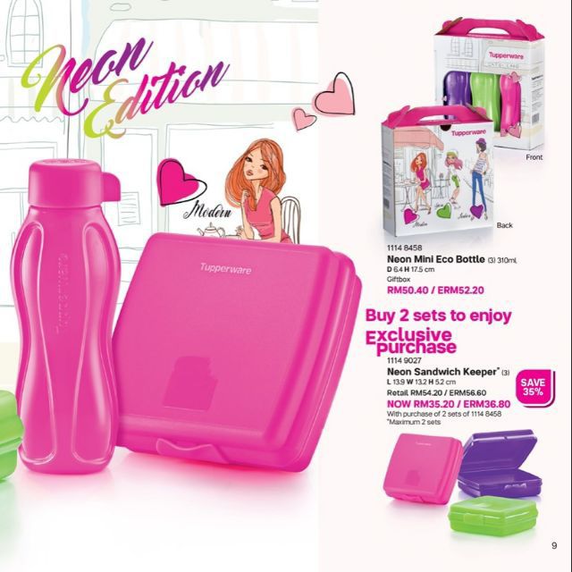 Tupperware neon mini eco bottle 310ml pink green purple with screw cap ...