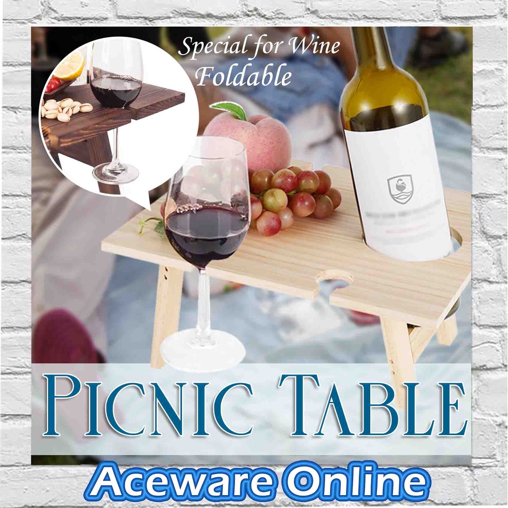 WOODEN FOLDABLE PICNIC TABLE WINE RACK GLASS HOLDER CAMPING OUTDOOR MEJA PICNIC LIPAT Shopee