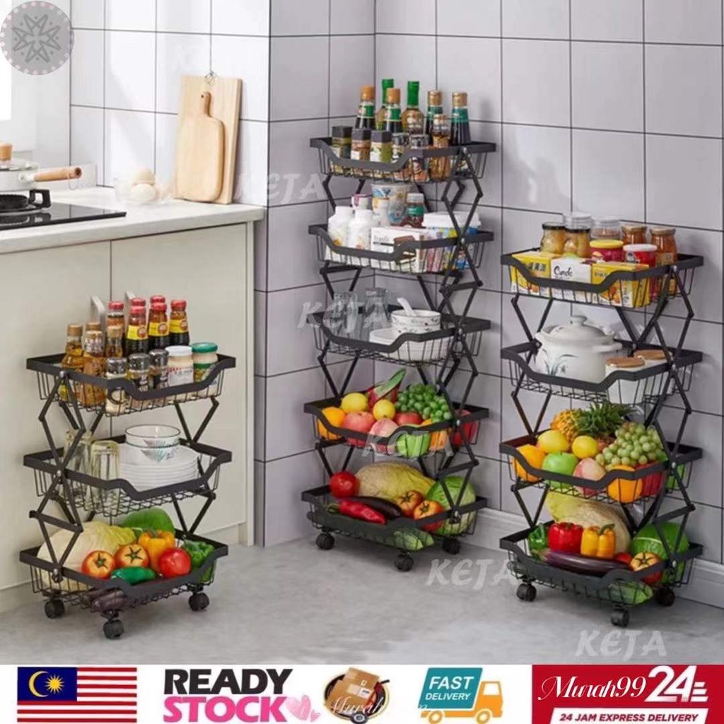 Murah 5 Tier Foldable WireMetal Kitchen Racks Storage Organizer Rak ...