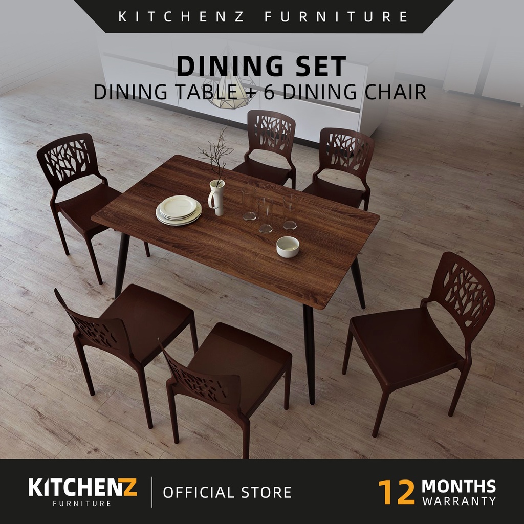 KitchenZ Solid Board Dining Table + 6 Designer Dining Chair Brown-HMZ ...