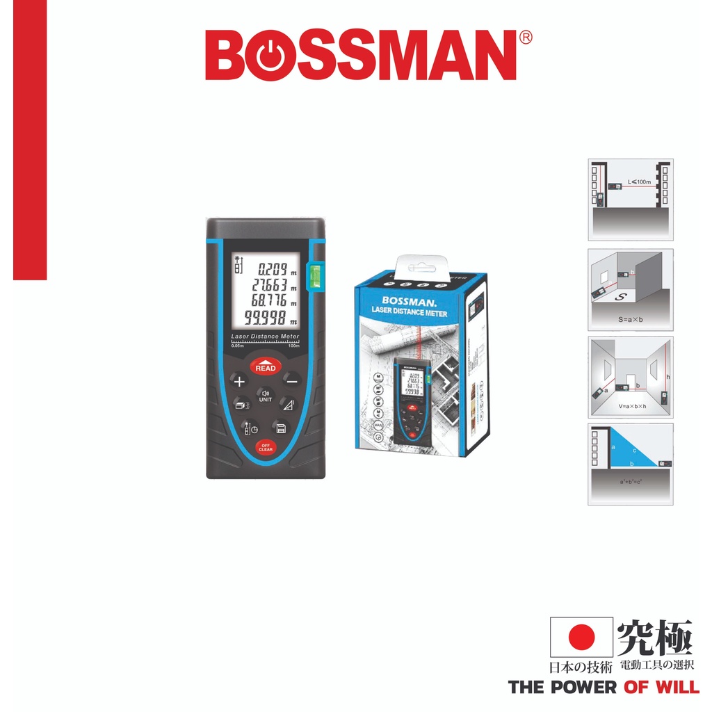 BOSSMAN - Laser Distance Meter (40/60/80/100M)(± 2mm)(BSW40/BSW60/BSW80 ...