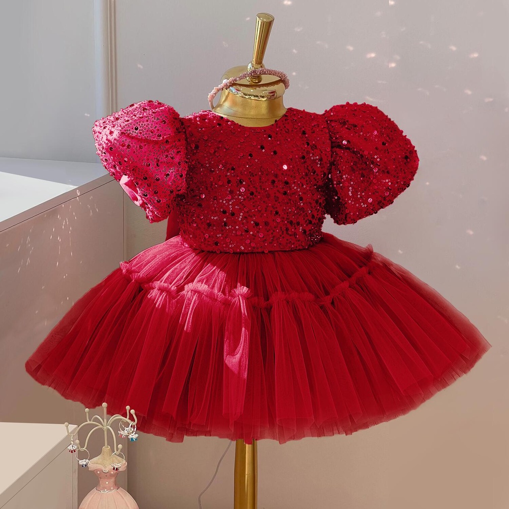 red first birthday dress Cute Baby Girl Fluffy Beads Pageant Dress Toddler First Birthday Party Princess Dress, Red / 11-12 Years (160cm)