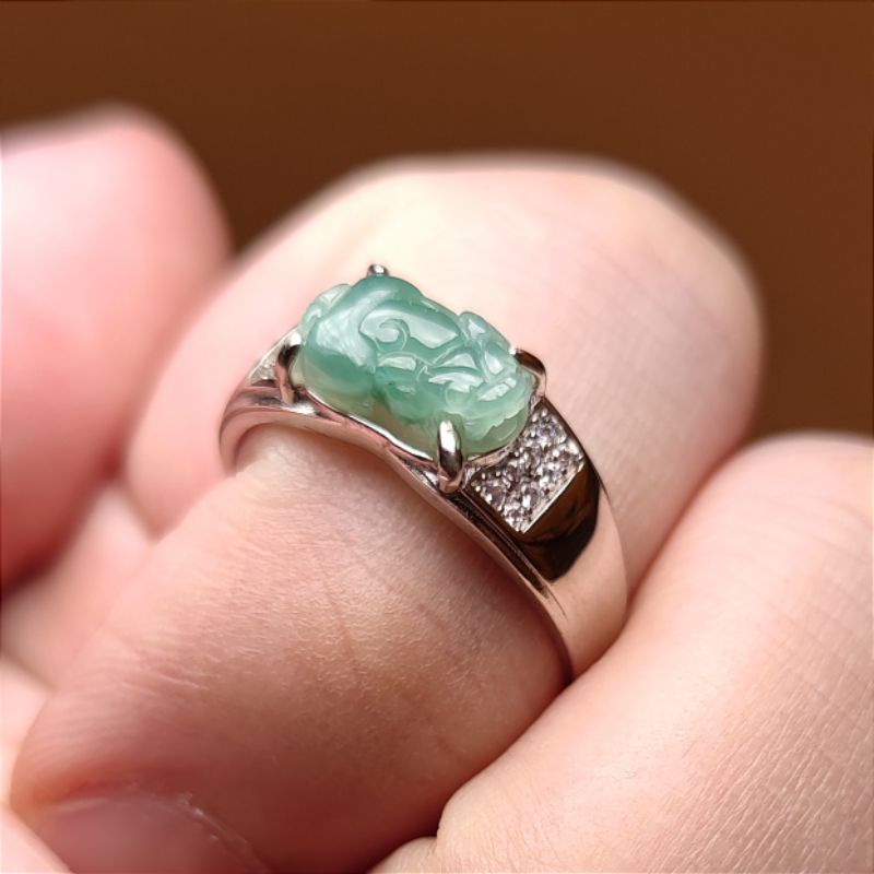 RARE] 翡翠貔貅S925银戒指Burmese Grade A Jade Pixiu Silver Ring