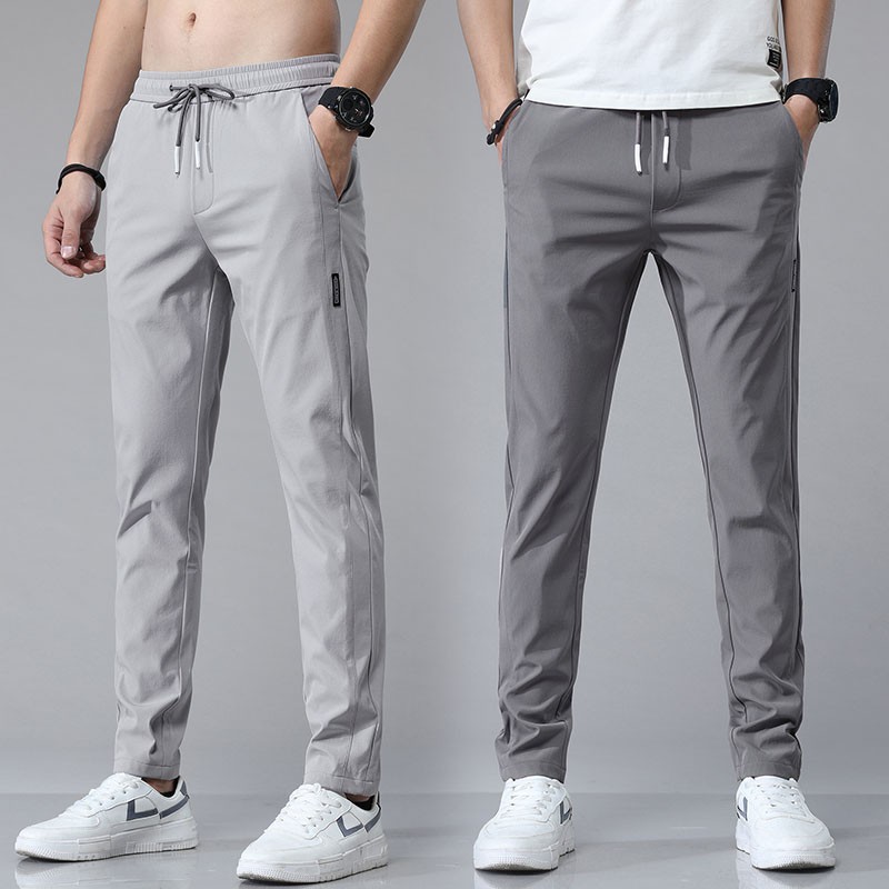 Summer Thin Korean Men's Casual Pants Slim Fit Stretch Drawstring Waist  Long Pant