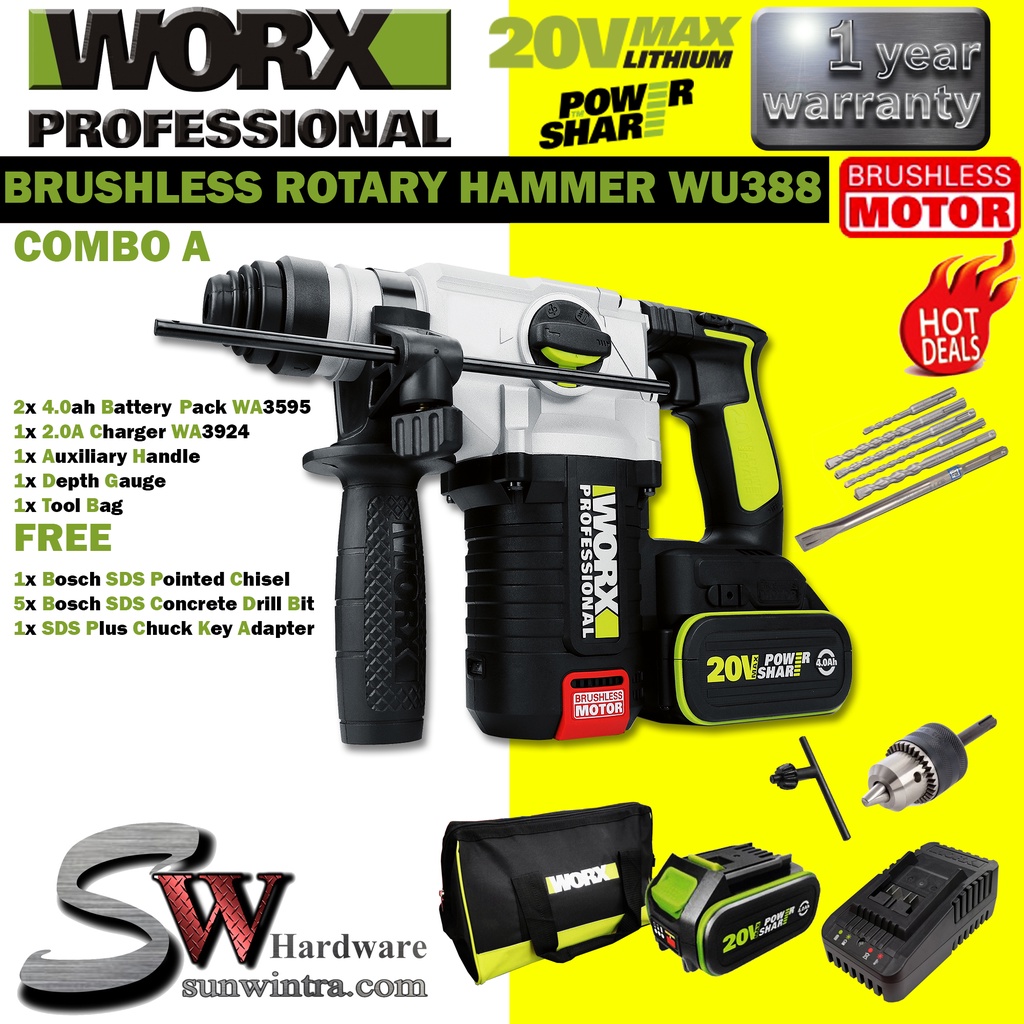 WORX 20V 24MM BRUSHLESS 3 F ROTARY HAMMER WU388 WU 388 F.O.C 5X Drill Bit 1X Chisel 1x Chuck Key Adapter Shopee Malaysia