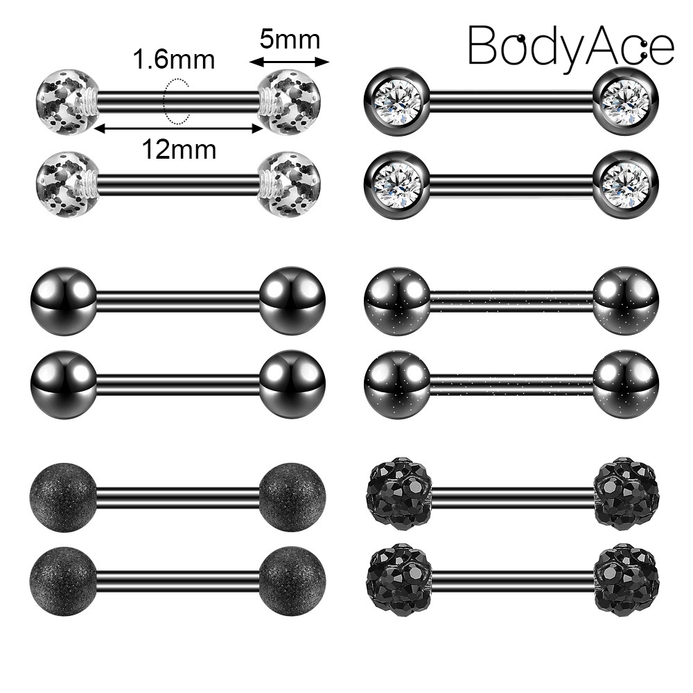 Bodyace 10 12pcs 14g Stainless Steel Tongue Ring Crystal Tongue