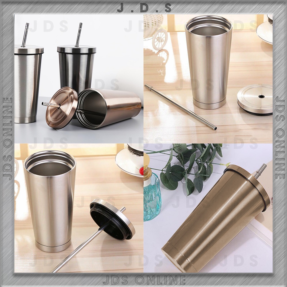 500ml 304 Stainless Steel Tumbler Lid Free Straw Double Layer Insulated ...