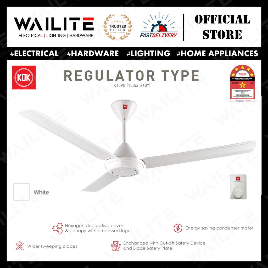 KDK K15V0 3 BLADE CEILING FAN WITH 5 SPEED WALL REGULATOR ( WHITE