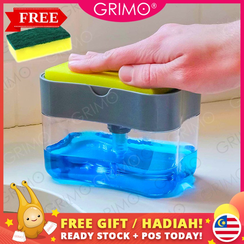 READY STOCK💝GRIMO Soap Pump Free Sponge Dishwash Dispenser Kitchen