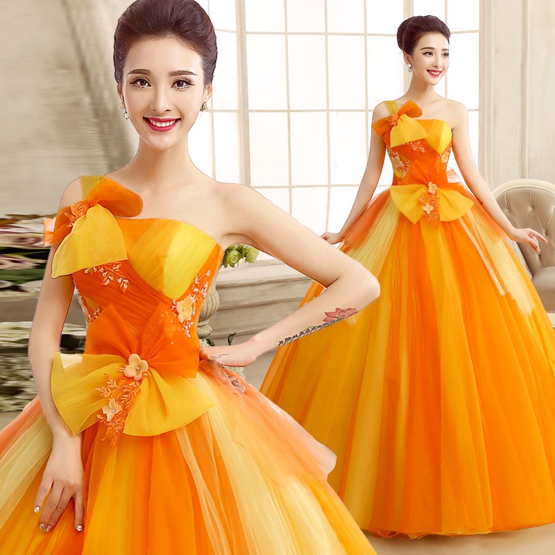 S~3XL Orange Single Off Shoulder A Line Puffy Princess Pre Wedding ROM  Engagement Dinner Prom Maxi Dress Gown #8 | Shopee Malaysia