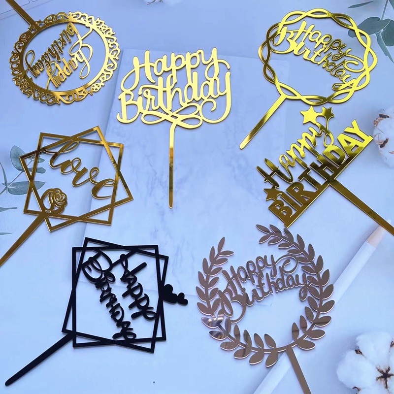 Pack of 10pcs Acrylic Happy Birthday Cake Topper Gold Black Rose-gold