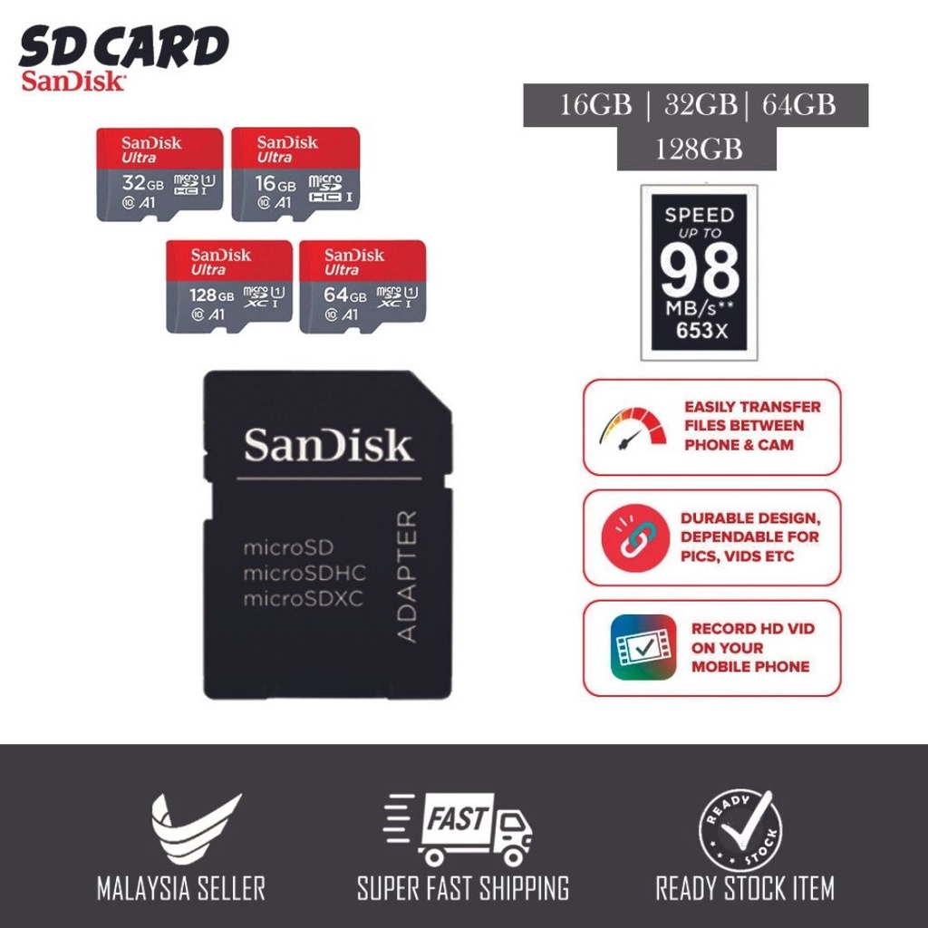 Sandisk Micro Sd Ultra Ai Class 10 100mbs98mbs Memory Card 16gb32gb64gb128gb Shopee Malaysia 0572