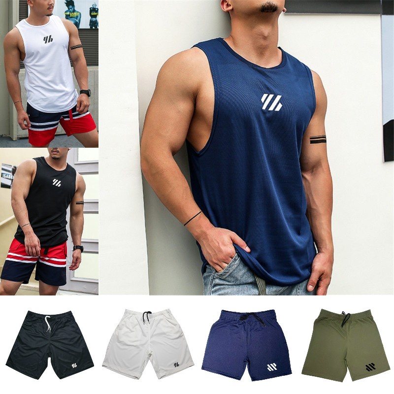 Men Sport Sets Tops Shorts Sleeveless Quick Dry Elastic Tank Tops Gym Singlet Jogger Drawstring Shorts with Pocket