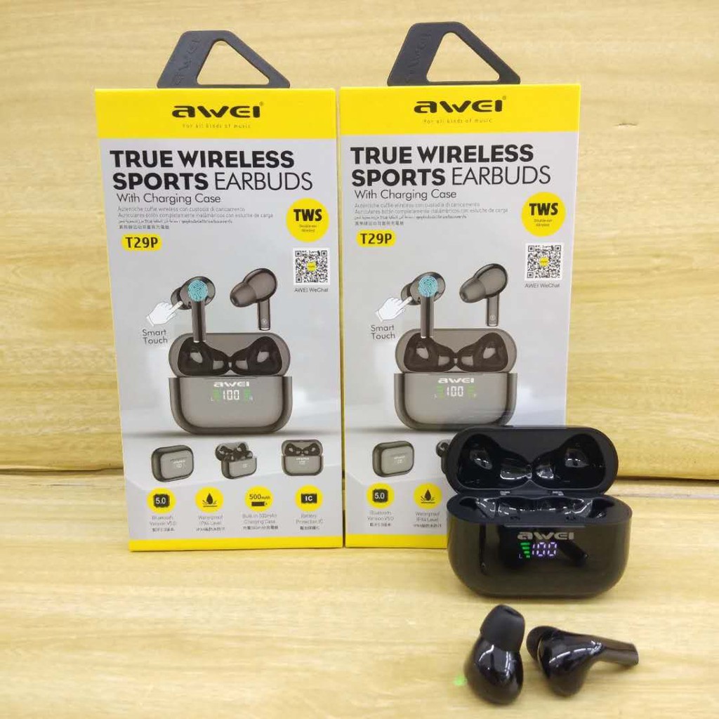 NEW ARRIVEL AWEI T29P TRUE WIRELESS SPORTS TWS EARBUDS WITH DIGITAL DISPLAY CHARGING CASE