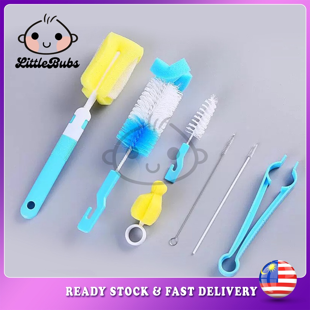 LittleBubs 7 in 1 Baby Bottle Brush Set / Baby Sponge Bottle Brush